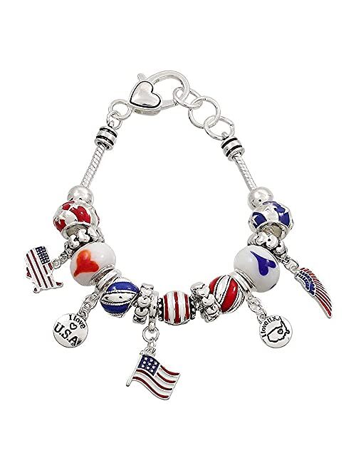 Lola Bella Gifts USA American Flag Patriotic Charm Bracelet with Gift Box
