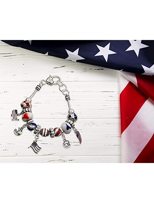 Lola Bella Gifts USA American Flag Patriotic Charm Bracelet with Gift Box