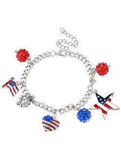 LUX ACCESSORIES Christmas Red Blue Heart Star American Flag Rhinestones Silver Chain Bracelet