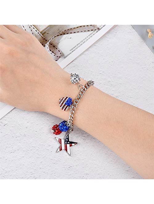 LUX ACCESSORIES Christmas Red Blue Heart Star American Flag Rhinestones Silver Chain Bracelet