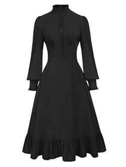 Women Steampunk Hi-Low Dress Vintage Victorian Dress Long Sleeve Shirt Dress