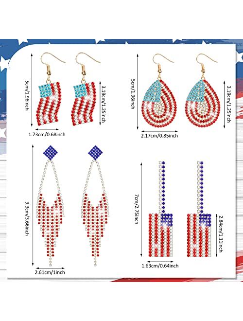 Yinkin 4 Pairs 4th of July American Flag Earrings for Women Independence Day Drop Dangle Earrings Rhinestone Patriotic Earrings