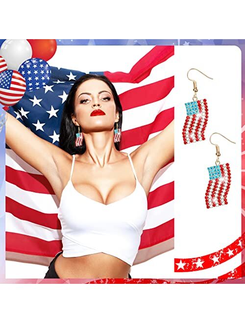 Yinkin 4 Pairs 4th of July American Flag Earrings for Women Independence Day Drop Dangle Earrings Rhinestone Patriotic Earrings