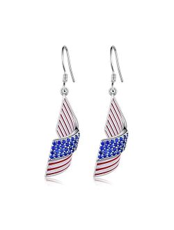 Feijiesi USA American Flag Earrings for Women 925 Sterling Silver Patriotic Dangle Earrings Patriotic Jewelry Gifts for Women Girls