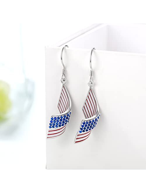 Feijiesi USA American Flag Earrings for Women 925 Sterling Silver Patriotic Dangle Earrings Patriotic Jewelry Gifts for Women Girls