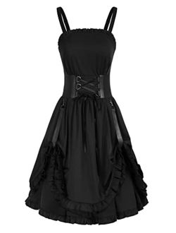 Women Steampunk Dress Sleeveless Ruffle High Low Smocked Dress