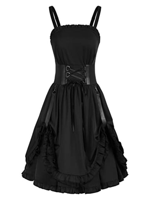 Scarlet Darkness Women Steampunk Dress Sleeveless Ruffle High Low Smocked Dress