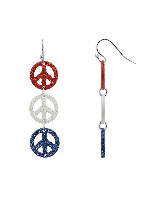 Celebrate Together Red, White, and Blue Glitter Peace Sign Linear Drop Earrings