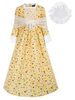 Kid Girls 3 Pieces Set Colonial Costume Dress with Bonnet Shawl