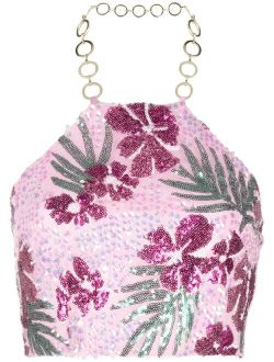 sequin-design floral-print halterneck top