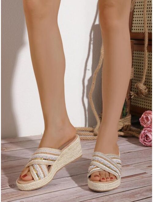 DingYuanNX Shoes Women Criss Cross Sequin Decor Espadrille Sandals, Vacation Summer Fabric Wedge Slide Sandals