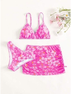 Teen Girls 3pack Floral Print Bikini Swimsuit & Ruched Beach Skirt