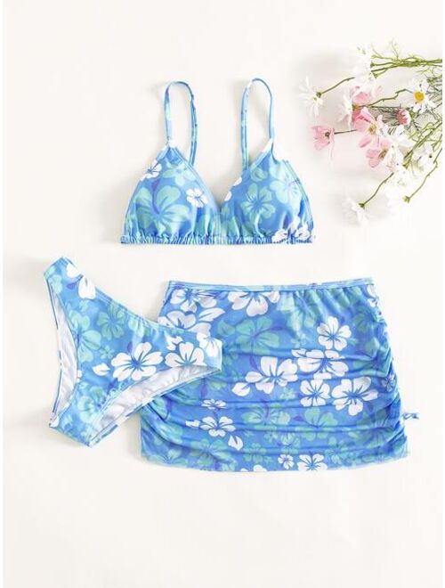 SHEIN Teen Girls 3pack Floral Print Bikini Swimsuit & Ruched Beach Skirt