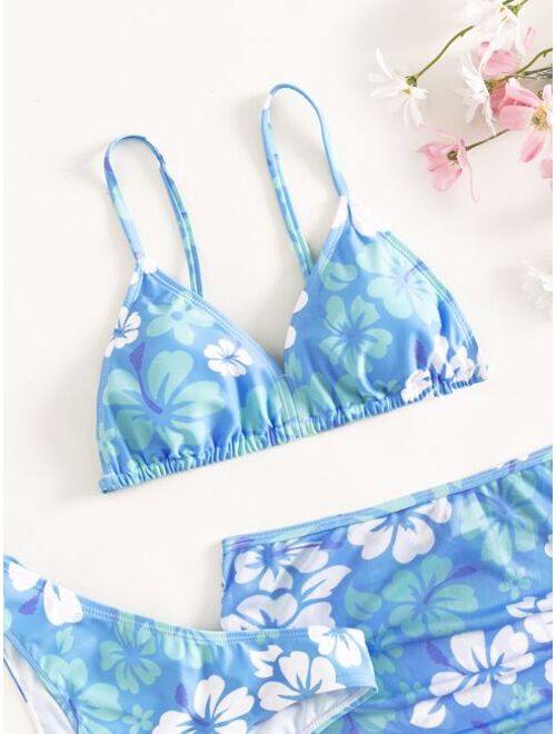 SHEIN Teen Girls 3pack Floral Print Bikini Swimsuit & Ruched Beach Skirt
