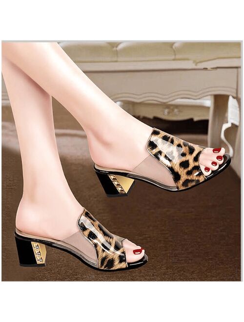 HongdaXieye Shoes Women Leopard Pattern Chunky Heeled Sandals, Fashion Summer Mule Sandals