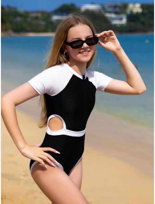 Shein Teen Girls Color Block Zip Front One Piece Swimsuit