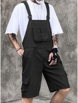 Men Flap Pocket Solid Overall Shorts Without Tee