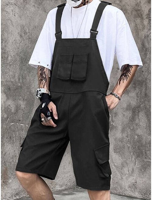 Shein Men Flap Pocket Solid Overall Shorts Without Tee