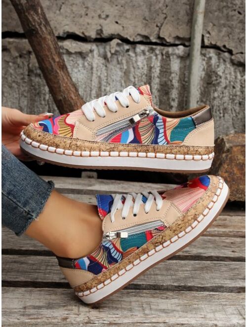 JessyWell Shoes Color Block Zipper Decor Lace-up Front Skate Shoes