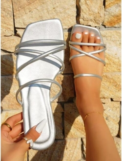 Planare Shoes Elegant Outdoors Black Flat Slippers for Women, Multi Thin Strap Plain Artificial Leather Open Toe Slide Sandals