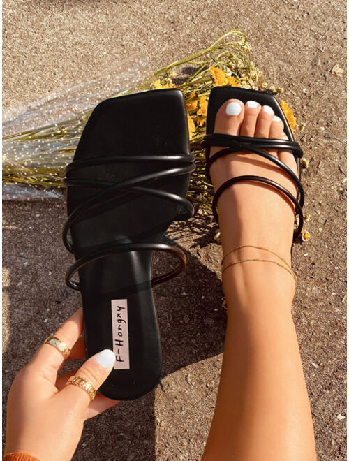 Planare Shoes Elegant Outdoors Black Flat Slippers for Women, Multi Thin Strap Plain Artificial Leather Open Toe Slide Sandals