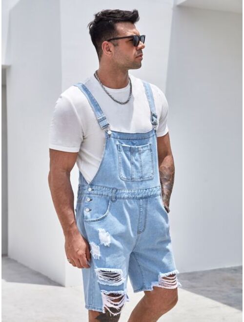 SHEIN Extended Sizes Men Ripped Raw Edge Patched Pocket Denim Overall Romper Without Tee