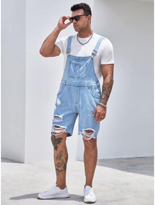 SHEIN Extended Sizes Men Ripped Raw Edge Patched Pocket Denim Overall Romper Without Tee