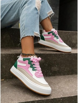 Liyuyu Shoes Sporty Skate Shoes For Women, Colorblock High-top Lace-up Front Sneakers