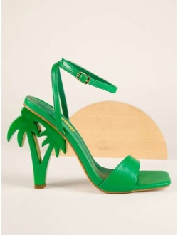 Faux Leather Palm Tree Heeled Sandals
