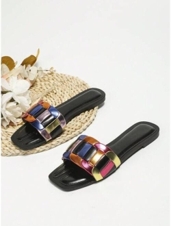Shein Fashionable Slide Sandals For Women, Colorblock Metallic Single Band Flat Sandals