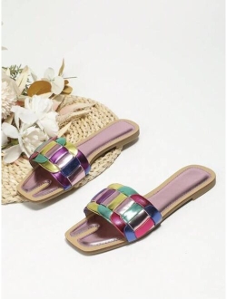 Shein Fashionable Slide Sandals For Women, Colorblock Metallic Single Band Flat Sandals