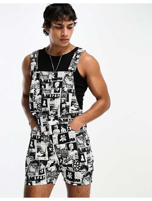 ASOS DESIGN short overalls in all over black and white print