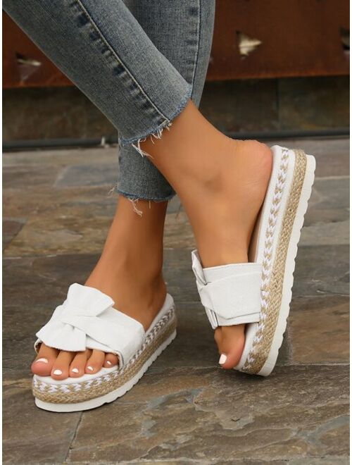 EastNicholsonolson Women Bow Decor Espadrille Sole Sandals, Vacation White Faux Suede Flatform Slide Sandals