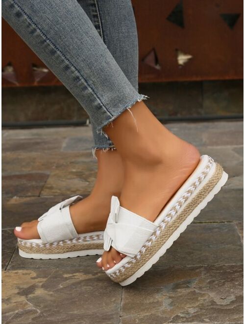 EastNicholsonolson Women Bow Decor Espadrille Sole Sandals, Vacation White Faux Suede Flatform Slide Sandals