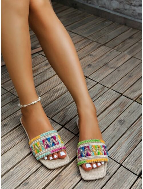Hongrun Women Colorblock Braided Detail Slides, Fabric Vacation Sandals
