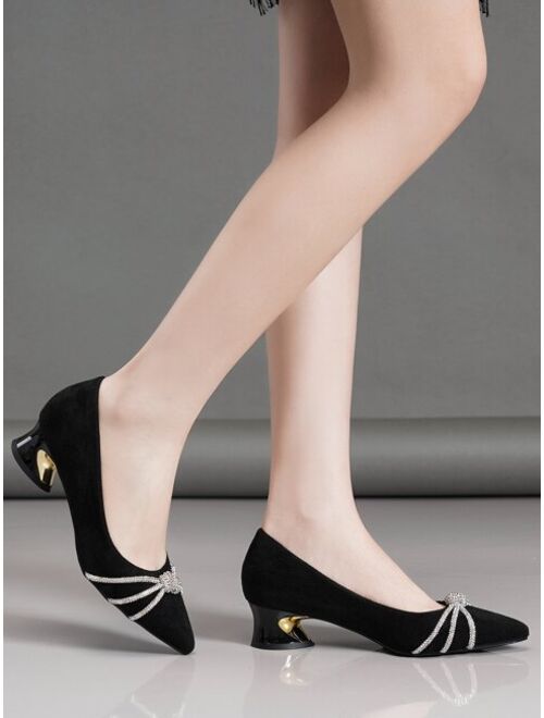 WorldTrends Shoes Rhinestone Decor Point Toe Sculptural Heeled Faux Suede Court Pumps