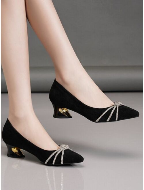 WorldTrends Shoes Rhinestone Decor Point Toe Sculptural Heeled Faux Suede Court Pumps