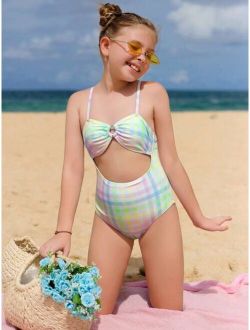 Girls Plaid Print Cut Out Ring Linked One Piece Swimsuit