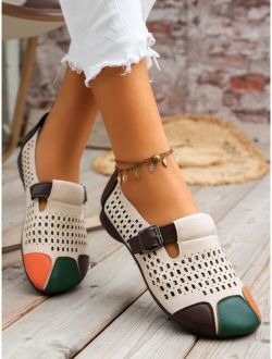 Fashion Mary Jane Shoes Women Colorblock Hollow Out Mary Jane Flats