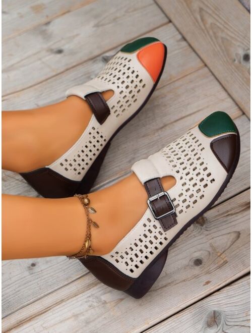 Shein Fashion Mary Jane Shoes Women Colorblock Hollow Out Mary Jane Flats