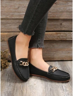 Yoosoochic Shoes Fashion Beige Loafer Shoes For Women, Rhinestone & Chain Decor Flats