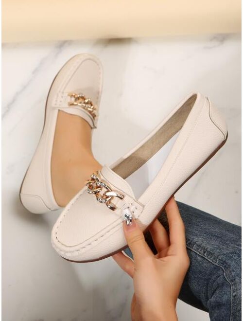 Yoosoochic Shoes Fashion Beige Loafer Shoes For Women, Rhinestone & Chain Decor Flats