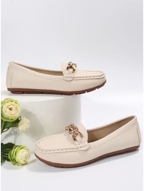 Yoosoochic Shoes Fashion Beige Loafer Shoes For Women, Rhinestone & Chain Decor Flats