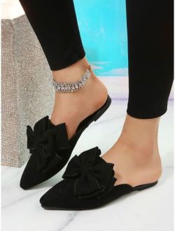 BesideHengXin Shoes Women Bow Decor Point Toe Flat Mules, Elegant Outdoor Faux Suede Flat Shoes
