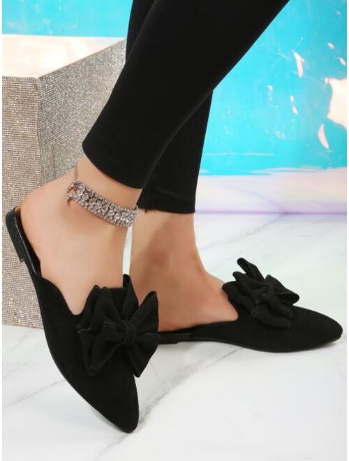 BesideHengXin Shoes Women Bow Decor Point Toe Flat Mules, Elegant Outdoor Faux Suede Flat Shoes