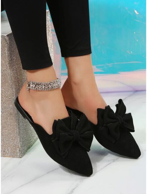 BesideHengXin Shoes Women Bow Decor Point Toe Flat Mules, Elegant Outdoor Faux Suede Flat Shoes