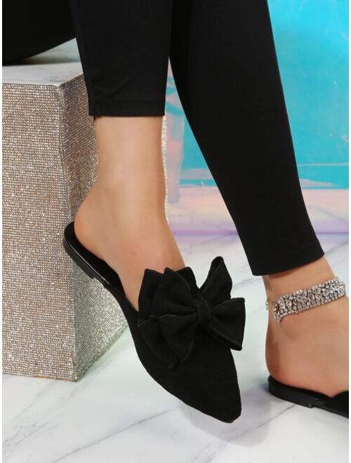BesideHengXin Shoes Women Bow Decor Point Toe Flat Mules, Elegant Outdoor Faux Suede Flat Shoes