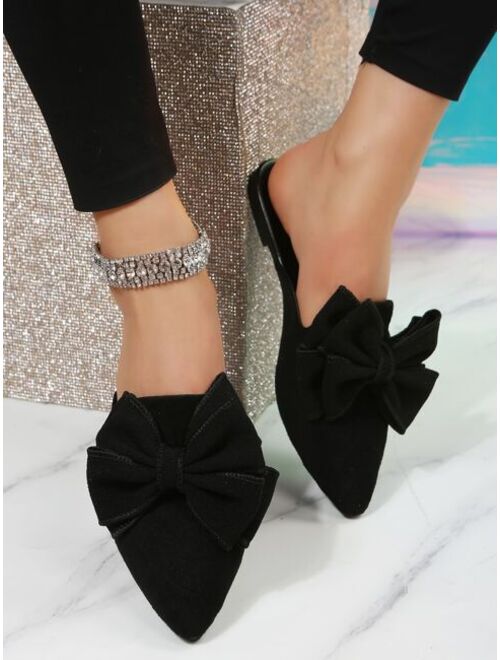 BesideHengXin Shoes Women Bow Decor Point Toe Flat Mules, Elegant Outdoor Faux Suede Flat Shoes
