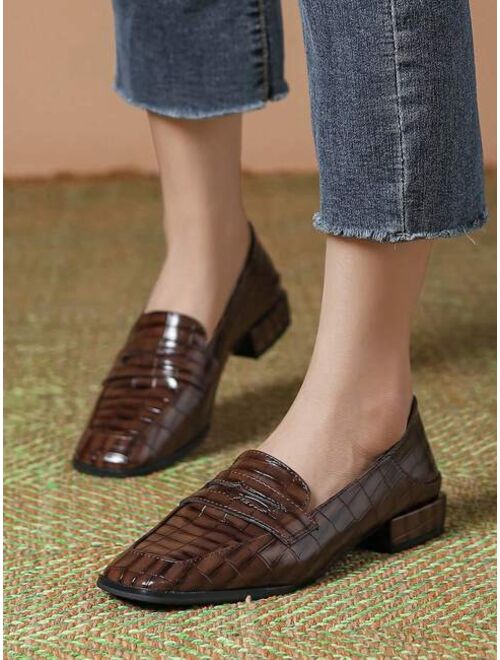 CNYL Crocodile-textured Square Toe Two-strap Vintage Loafers For Women