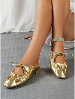 Lisha Shoes Women's Fashionable Metal Colored Gold Folded Bow Decor Mules Flat Shoes